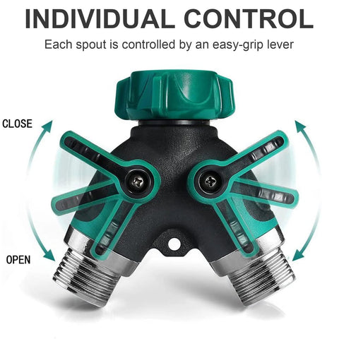 Front view of a two-way garden hose splitter with long green lever handles and metal hose outlets