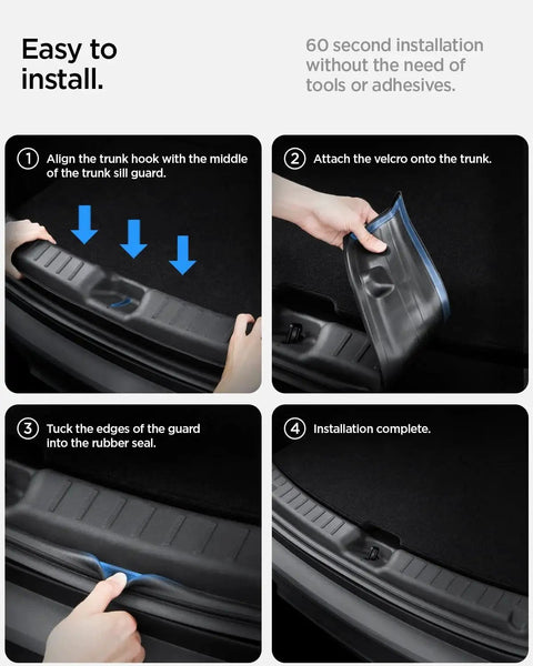 Step-by-step installation of Model Y Rear Bumper Trunk Sill Guard With Easy Glide Grooves 2025 2026 with Velcro and rubber seal.