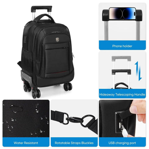 360 Degree Rotating Water Resistant Rolling Backpack For Adults with USB charging port and phone holder
