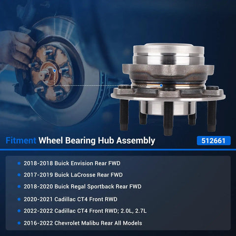 Wheel Bearing Hub Assembly 512661 5 Lug With ABS For Chevy Malibu 2016-2022 Buick LaCrosse 2017-2019 Envision 2018 Regal Sportback 2018-2020 Cadillac CT4 2020-2022 Front Or Rear Fit 146mm Flange