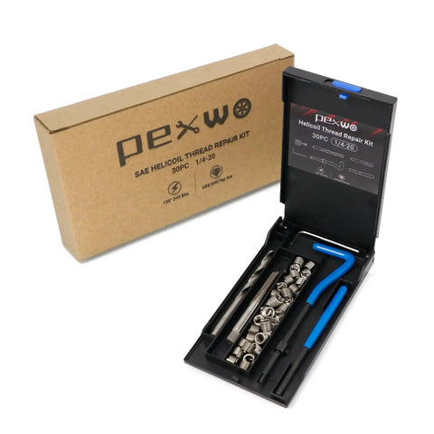 Open PEXWO case showing 1/4-20 Helicoil Thread Repair Kit With HSS Drill Bit And Thread Inserts, Blue Installation Tool, and Steel Inserts