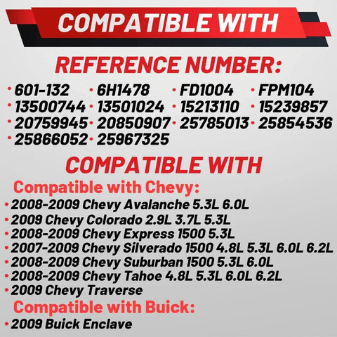 Compatibility chart for Beefed-Up Upgraded Fuel Pump Driver Module 601-132 6H1478 showing compatible GM vehicle models and reference numbers.