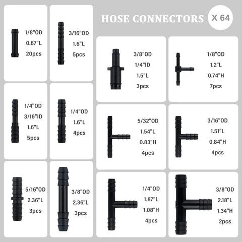 Hose connectors from Silicone Vacuum Hose Kit With 6 Hoses Each 4.92 Feet And 64 Vacuum Line Connectors Total 70 Piece Set.