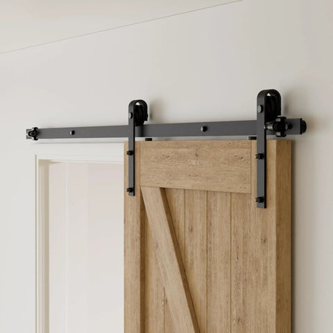 Six Foot J Shape Sliding Barn Door Hardware Kit For A Single Wooden Door With Frosted Black Finish Track System Vintage Closet Hardware