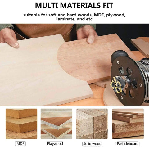 Two Plus Two Flute Slab Flattening Router Bit With One Quarter Inch Shank And One And One Quarter Inch Cutting Diameter Carbide Insert Spoilboard Surfacing Bit With ATS Coating For Softwood Hardwood And MDF Replaceable Ten By Ten By Two Point Two Carbide with wood pieces
