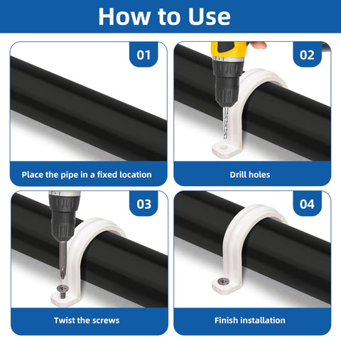 PVC conduit strap clamp, 32 mm, white plastic two-hole clip for securing pipes; installation steps shown