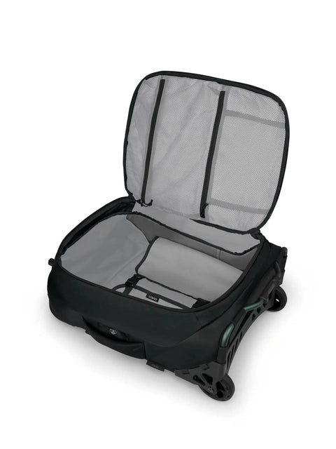 Open Ozone 2-Wheel Carry-On Luggage With Oversized Wheels And Telescoping Handle From Osprey, interior view, mesh compartments