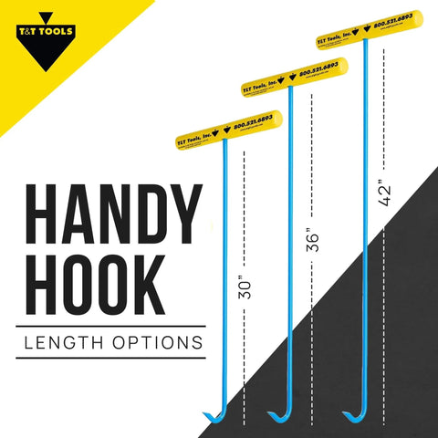 Heavy Duty Handy Hook 30 Inch With Three Eighths Inch Round Pump End for lifting lids in multiple lengths, blue with yellow grips.
