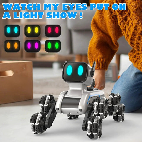 Dynamic Eight Wheel Robot Dog RC Stunt Car with Gesture Sensing Remote Mecanum Wheels displayed with RGB LED eyes.