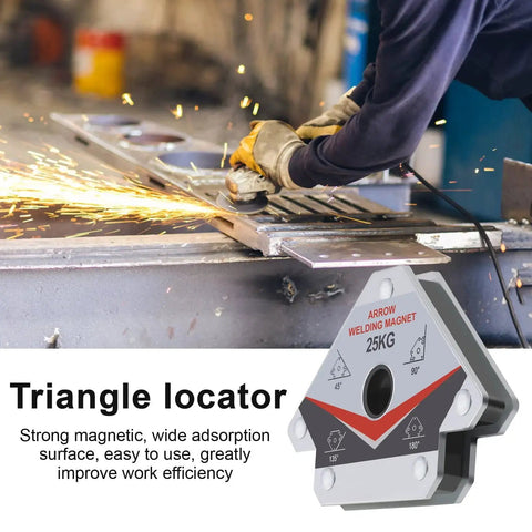 Heavy Duty 55Lb Welding Magnet Set With 3 Magnetic Arrow Holders And Clamps For Precise 45 Degree 90 Degree And 135 Degree Angles With Pro Grade Holding Power For Welding Projects And DIY Fabrication GUTIMORE. Close-up of welding arrow magnet holding metal at precise angle on workbench.