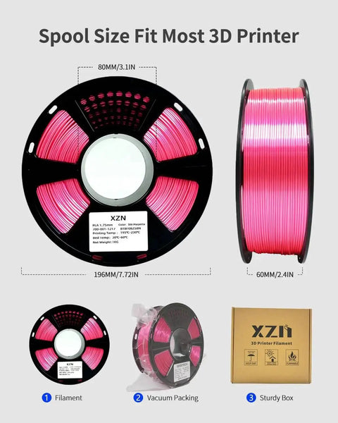 Spools of Silk PLA Filament 1.75mm Magenta Silk Pink 1kg vacuum packed for 3D printer next to product box.