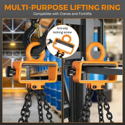 2 Ton Drum Lifter For 55 Gallon Drums With Forklift Hoist Chain And 4 Hooks, featuring anti-slip locking screw and thick chains