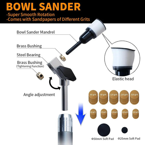 Bowl sander components for Pro Grade All In One Carbide Wood Lathe Tools Set with sandpapers, brass bushing, elastic head.