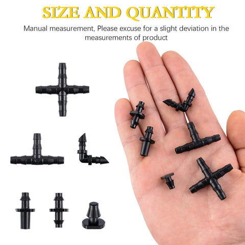 Irrigation fittings kit, 280 connectors for 1/4 in tubing; black plastic with tees, elbows, end plugs, 4-way.