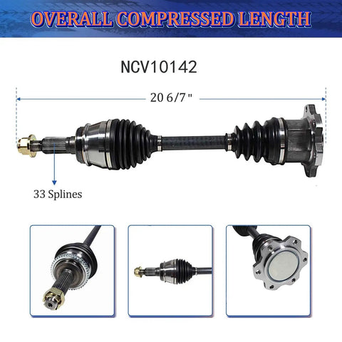 Front 4WD CV Axle Set For Chevy Silverado 1500 Tahoe Suburban K1500 1988-2007 And GMC Sierra 1500 Yukon XL 1500 Cadillac Escalade ESV EXT 99-2005 Premium High Quality Replacement showing NCV10142 with overall length and splines
