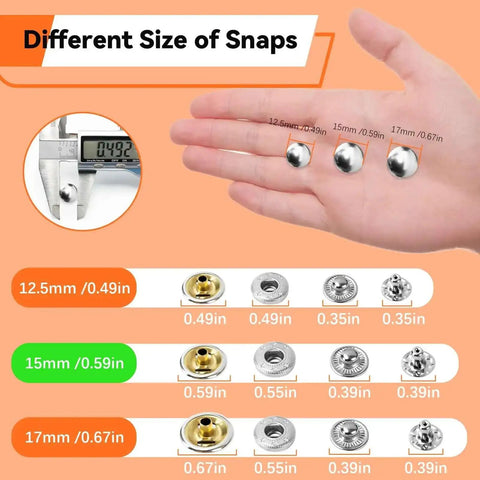 Different sizes of silver snaps displayed on hand with caliper measurements for Dope All In One Leather Snap Tool Kit With 40 Silver 15mm Snaps