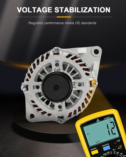 Front view of New Ready To Roll Alternator For Chrysler 200 And Sebring 2.4L 2007-2014 OE 11228 Replacement with multimeter.