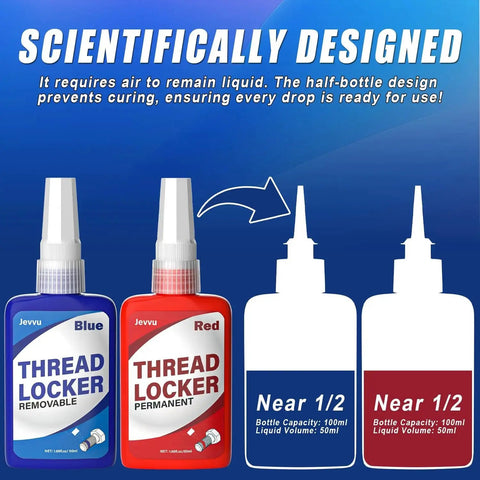 Blue and red thread locker kit 50ml each two pack for nuts bolts fasteners, heavy duty medium and high strength lock against loosening.