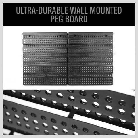 Ultra-durable wall mounted peg board displayed with perforated black panels for tool organization.