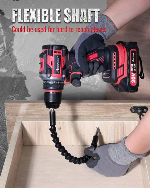Using Brushless 20V Cordless Drill Driver Kit With 2.0Ah Battery And Charger, 3/8 Inch Metal Chuck, flexible shaft in drawer.