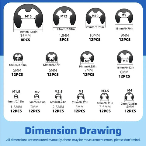 Diagram of 160 E-ring circlips in fourteen sizes, part of the 261 Pcs Lock Washer And E Clip Kit With 100 Internal Tooth Star Washers In Nine Sizes And 160 E Ring Circlips In Fourteen Sizes Plus A Pair Of Tweezers For Easy DIY Fixes Must Have For DIYers.