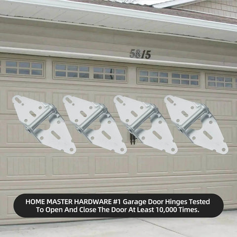 4 Pack Heavy Duty Garage Door Hinges 14 Gauge Steel With Galvanized Finish shown in front of a garage door