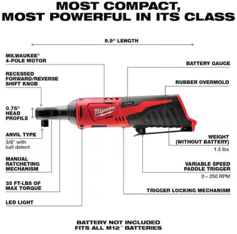 Diagram of 9.9-inch sub compact three eighths inch cordless ratchet with thirty five foot pounds torque and variable speed trigger.
