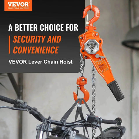 Manual Lever Chain Hoist 0.75 Ton 1650 Lbs 10 Ft Come Along Weston Double Pawl Brake in use lifting motorcycle