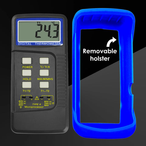 Digital K-type thermocouple thermometer with 4 probes, dual-channel, blue removable holster