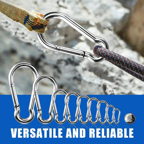 Small stainless steel carabiner clip; close-up view showing rope threading, 1.97 in, 10-pack