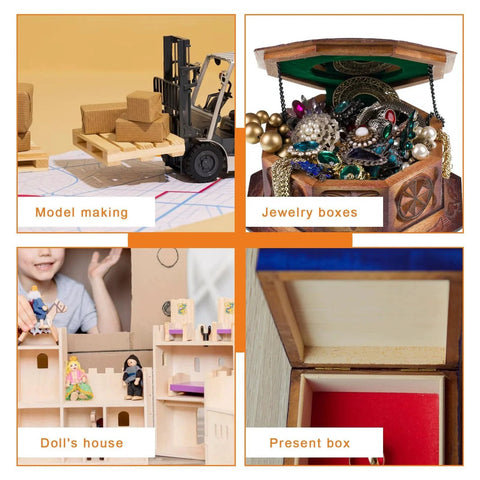 Four image collage showing model making toy set, open jewelry box with accessories, doll's house with figures, and a present box.