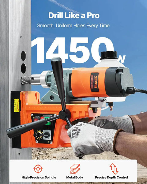 Heavy Duty Magnetic Drill Press With 1450W Motor, 0-800 RPM, 2 In Boring Capacity, Portable Electric Mag Drill in use