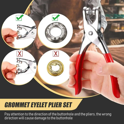 301 Pcs Grommet Eyelet Pliers Tool Kit With 300 Metal Eyelets for DIY repair, image showing plier use and eyelet placement.