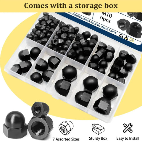 All In One Black Nylon Acorn Nut Kit With M3 To M10 Sizes, 155 Pieces in storage box, various dome head cap nuts visible