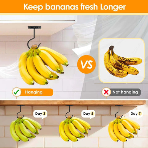Comparison of ripe bananas hanging and not hanging showing freshness over days with hanging method keeping them fresher longer.