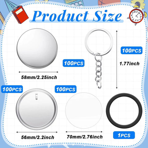 Image showing contents of 100 Sets Button Maker Kit 58mm 2.25 Inch Includes 100 Metal Shells 100 Films 100 Back Covers 100 Keychains and 1 Ring.