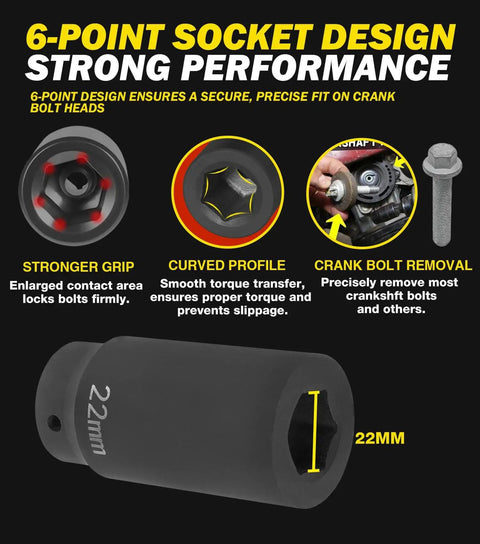 22mm Harmonic Balancer Socket, 1/2 Inch Drive, Deep Impact, 6-point design for crank bolt removal and strong grip
