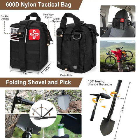 238 Piece Emergency Survival Kit And First Aid Kit With Tactical MOLLE Pouch And 4 In 1 Shovel And Pick Emergency Tent And Blanket