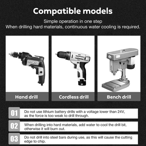 Image showing compatible drill models for Pro Grade High Strength Eccentric Twist Drill Bits Set For Masonry And More Beefy Carbide Tip Drills.