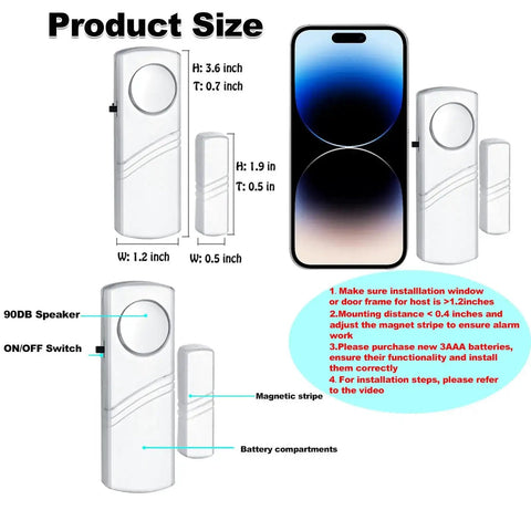 Loud Wireless Door And Window Alarm Pack showing product size, magnetic sensor, and 90dB speaker with installation instructions.