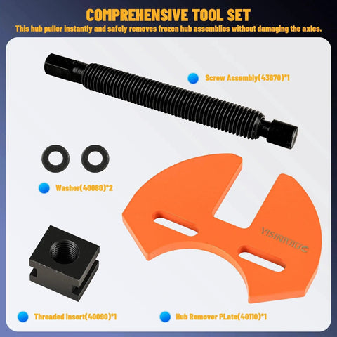 Universal Wheel Hub Removal Tool Set And Bearing Puller components including screw assembly, washers, threaded insert, and hub remover plate.