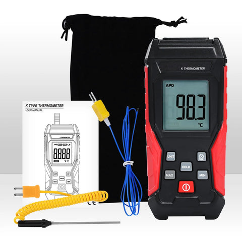 K-type digital thermometer with two probes; handheld red/black unit with LCD display, blue wires, coil probe, manual and pouch