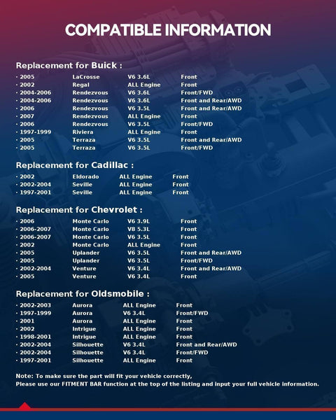 Compatibility chart for Front Wheel Hub Bearing Assembly compatible with Chevy Impala 2000-2013 and other GM models