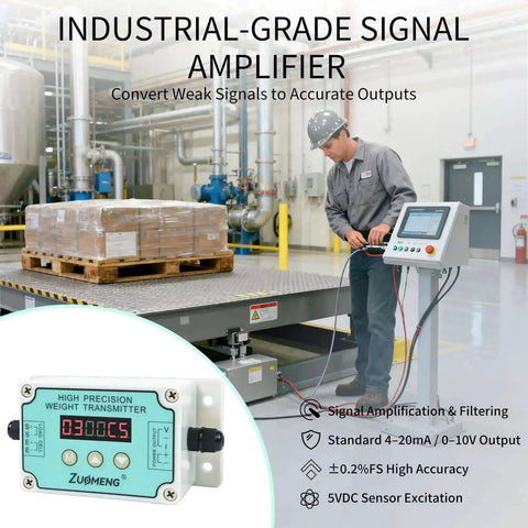 Industrial load cell amplifier transmitter on factory floor for scales and automation with unit switching for microvolt signal conversion.