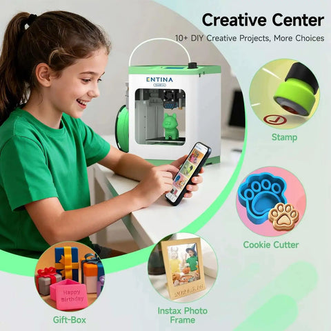Tina2S 3D Printer With WiFi Cloud Printing being used by a child, showing DIY projects like stamp, cookie cutter, gift-box.