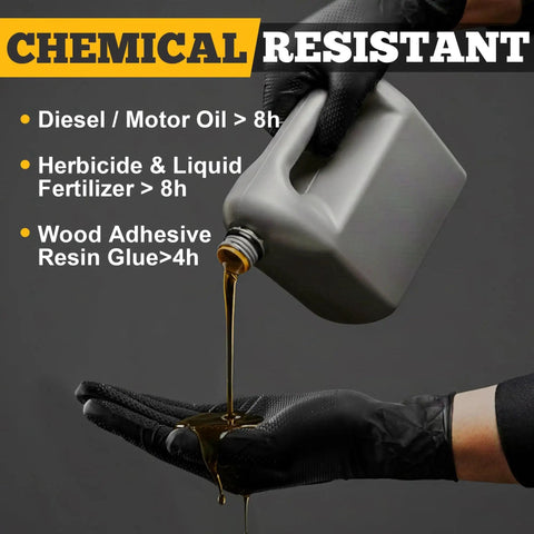 Heavy Duty Black Nitrile Gloves 8 Mil XL With Diamond Texture And Powder Free with oil being poured on them