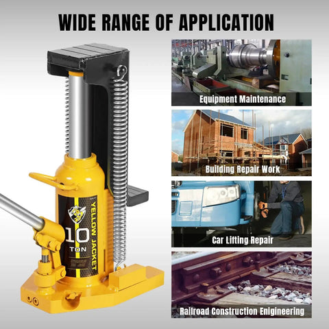 Yellow Jacket toe jack, 10-ton hydraulic lift, front view for automotive and industrial use