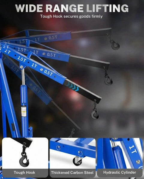 Front view of blue carbon-steel 2-ton hydraulic engine hoist crane with folding boom, lever, and 6 locking wheels.