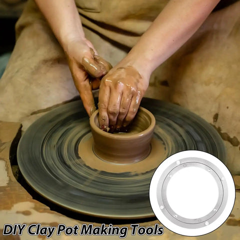Hands shaping clay on a pottery wheel with an inset of the Two Pack 8 Inch Aluminum Lazy Susan Turntable Bearings Built To Last Heavy Duty Swivel Plate Hardware For Dining Tables All Metal Rotating Turntable Bearings Rust Resistant Durable For Wood Glass Marble Surfaces.