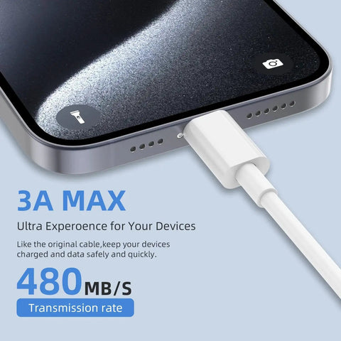 Close-up of a USB A to USB C Charging Cable 2 Pack 3ft 6ft for iPhone 15 16 17 Pro Max connected to a smartphone, showing 3A charging and 480MB/s speed.
